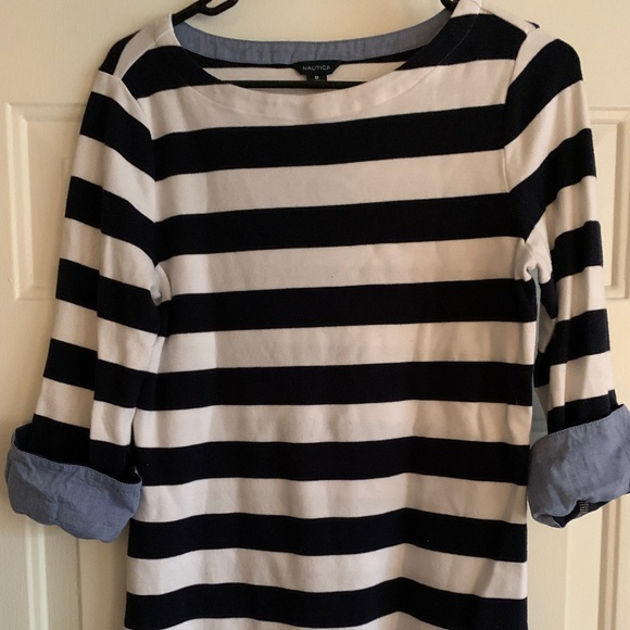 Nautica – Navy and White Striped Boat Neck Sweater